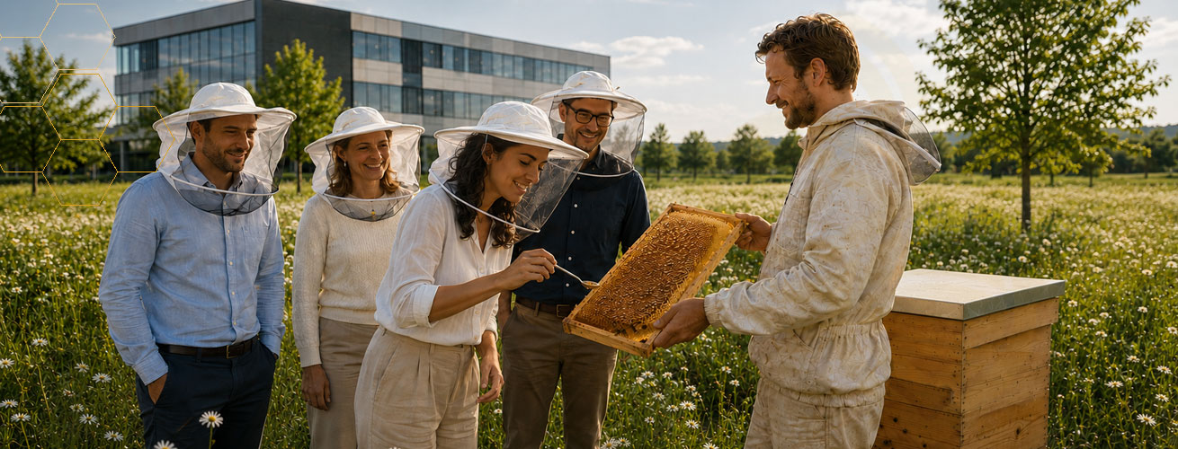 Durchsicht eines Bienenvolks mit Honigverkostung für Mitarbeitende