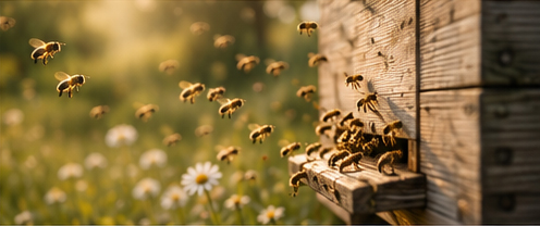 Honigbienen im Anflug auf Bienenbeute